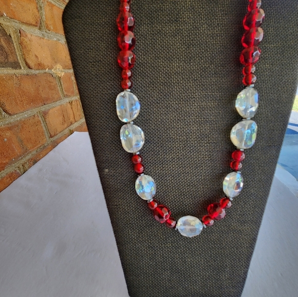 Hand Crafted Necklace Crystal Hematite Glass Beads Clear Red 23" Length - Picture 2 of 8